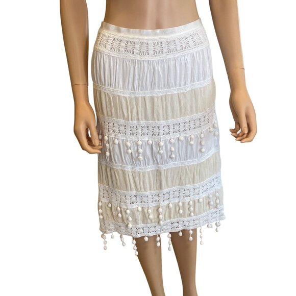 Trina Turk Dresses & Skirts - Trina Turk  Skirt w/ Pom Poms Women's 12 Ivory Beige Cotton Silk Lined